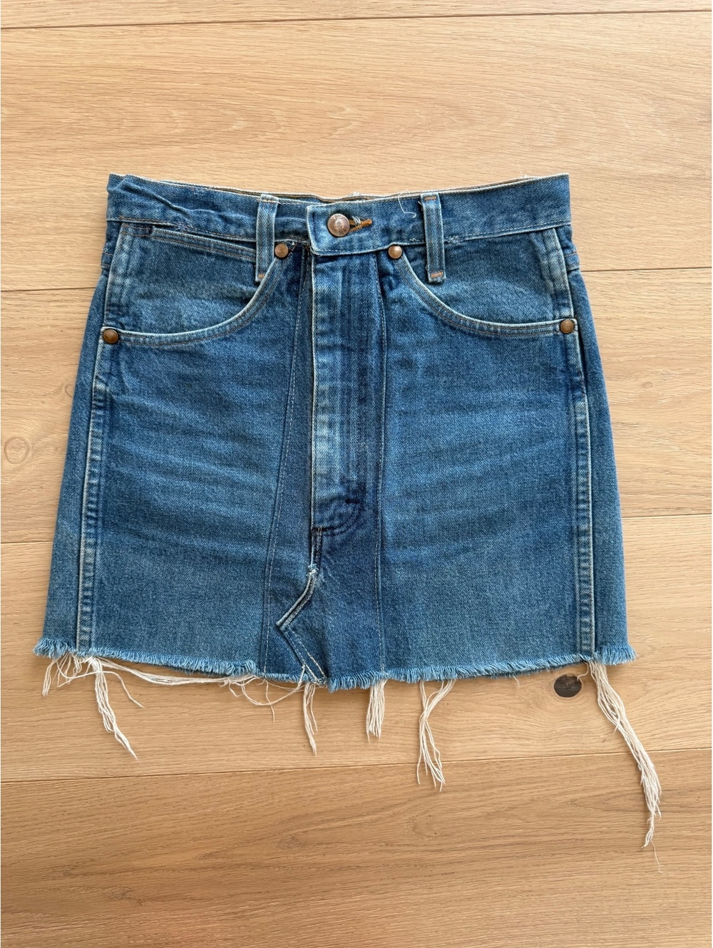 Vintage Wrangler Upcycled Denim Mini Skirt Made in USA Raw Fringe Hem 100%Cotton